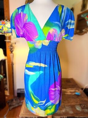 Fabulous 1960’s Vibrant Blue Tropical Floral Smocked Waist Dress